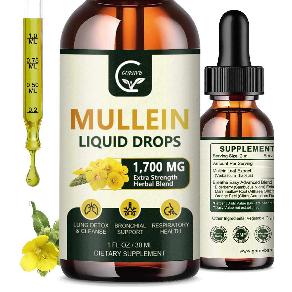 GORNVB Mullein Drops 1oz bottle in two-pack packaging