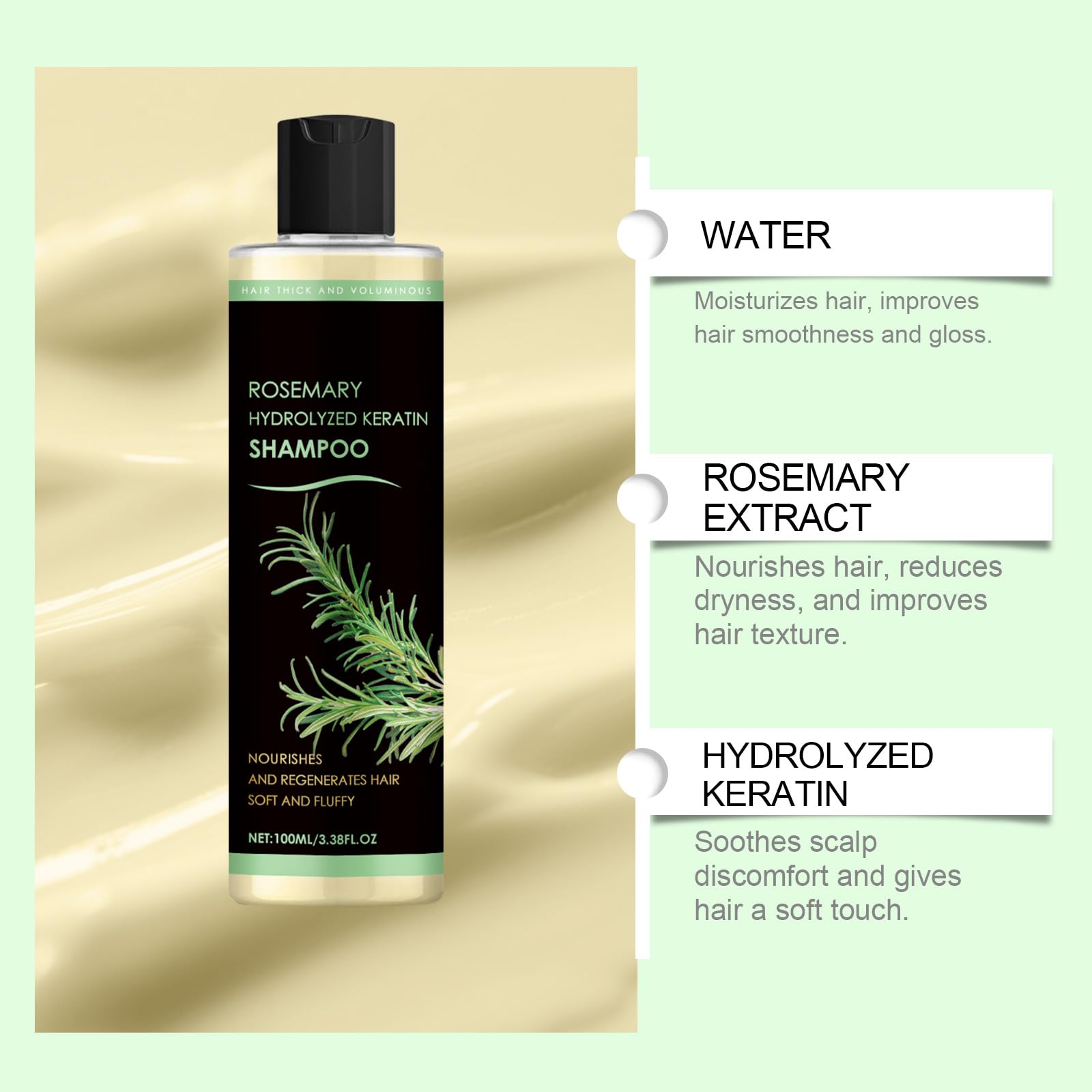 Goswar Organic Rosemary shampoo label detail highlights natural ingredients and keratin for strengthened hair.