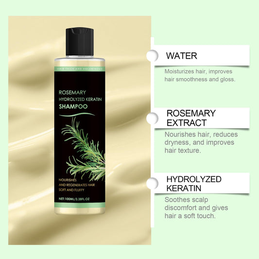 Goswar Organic Rosemary shampoo label detail highlights natural ingredients and keratin for strengthened hair.