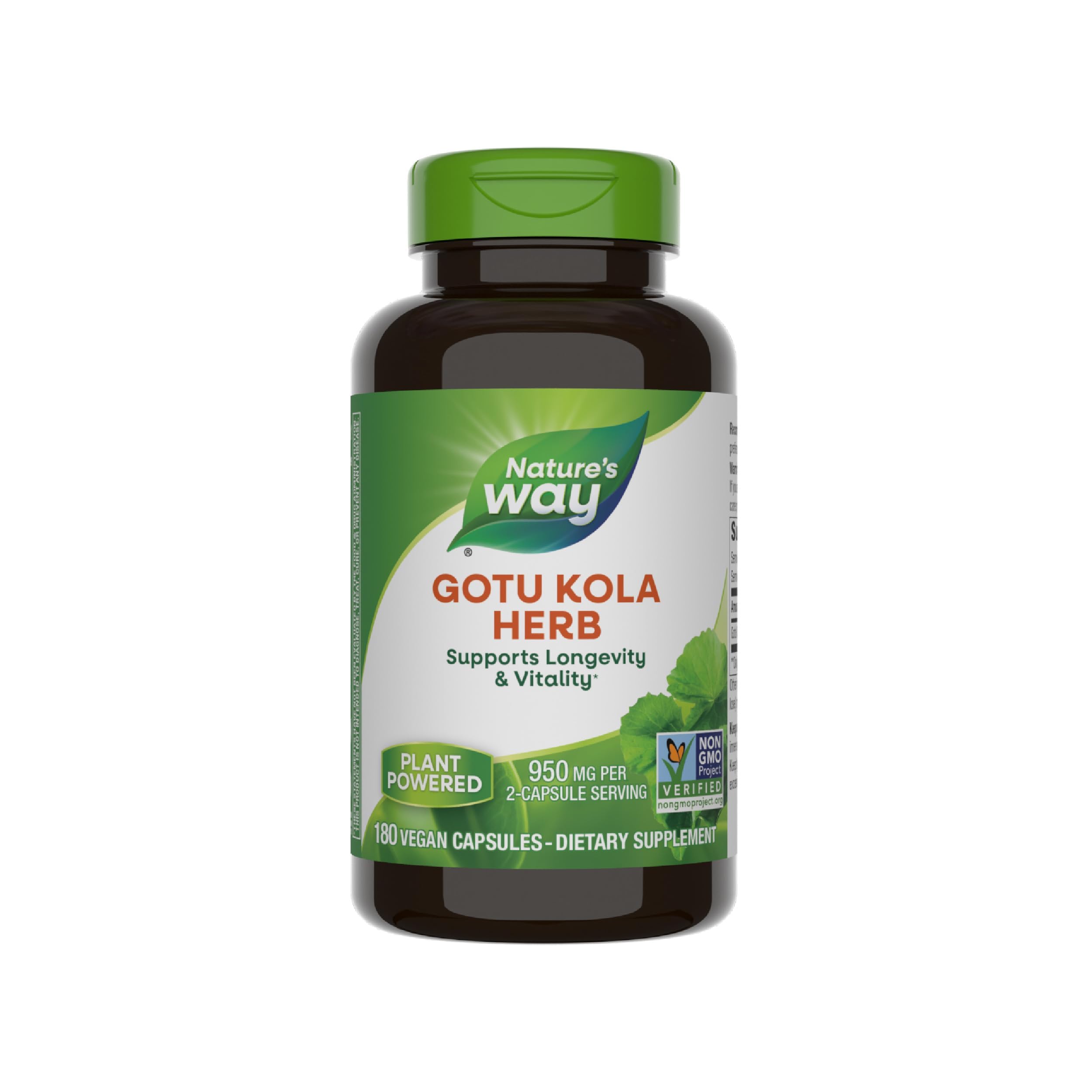 Nature's Way Gotu Kola bottle with label showing 950 mg per 2-capsule serving