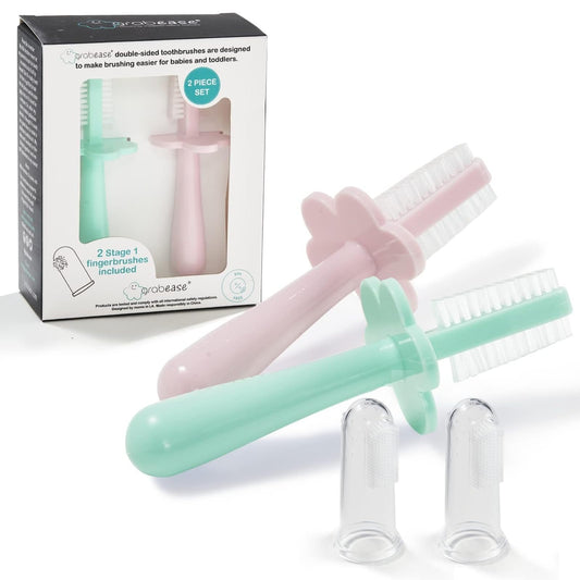Grabease double-sided baby toothbrush in mint and blush, hero image
