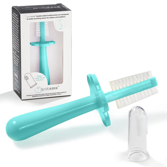 Grabease silicone finger toothbrush in teal on finger