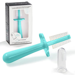 Grabease silicone finger toothbrush in teal on finger