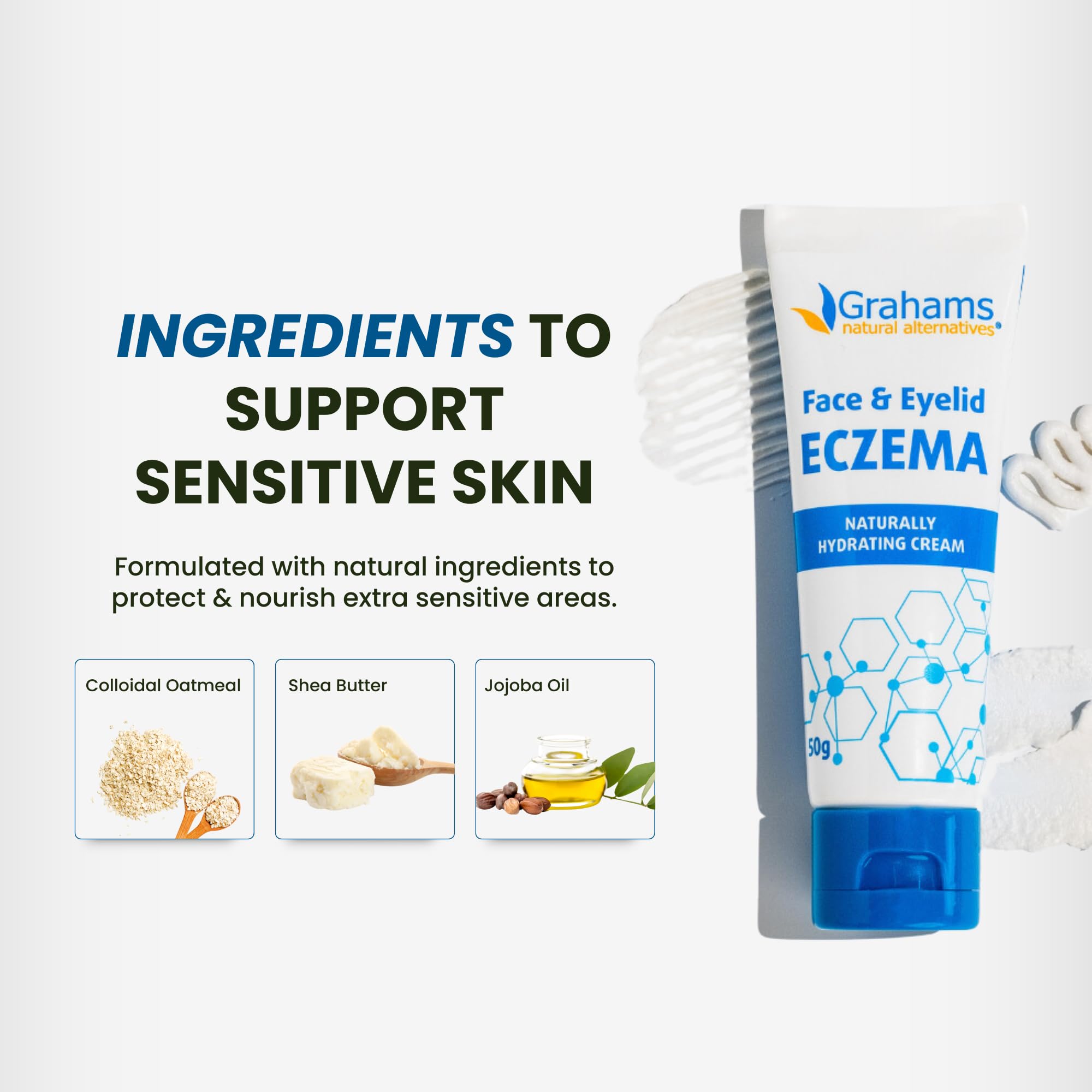 Grahams Natural daily-use eczema cream supports soft, comfortable facial skin