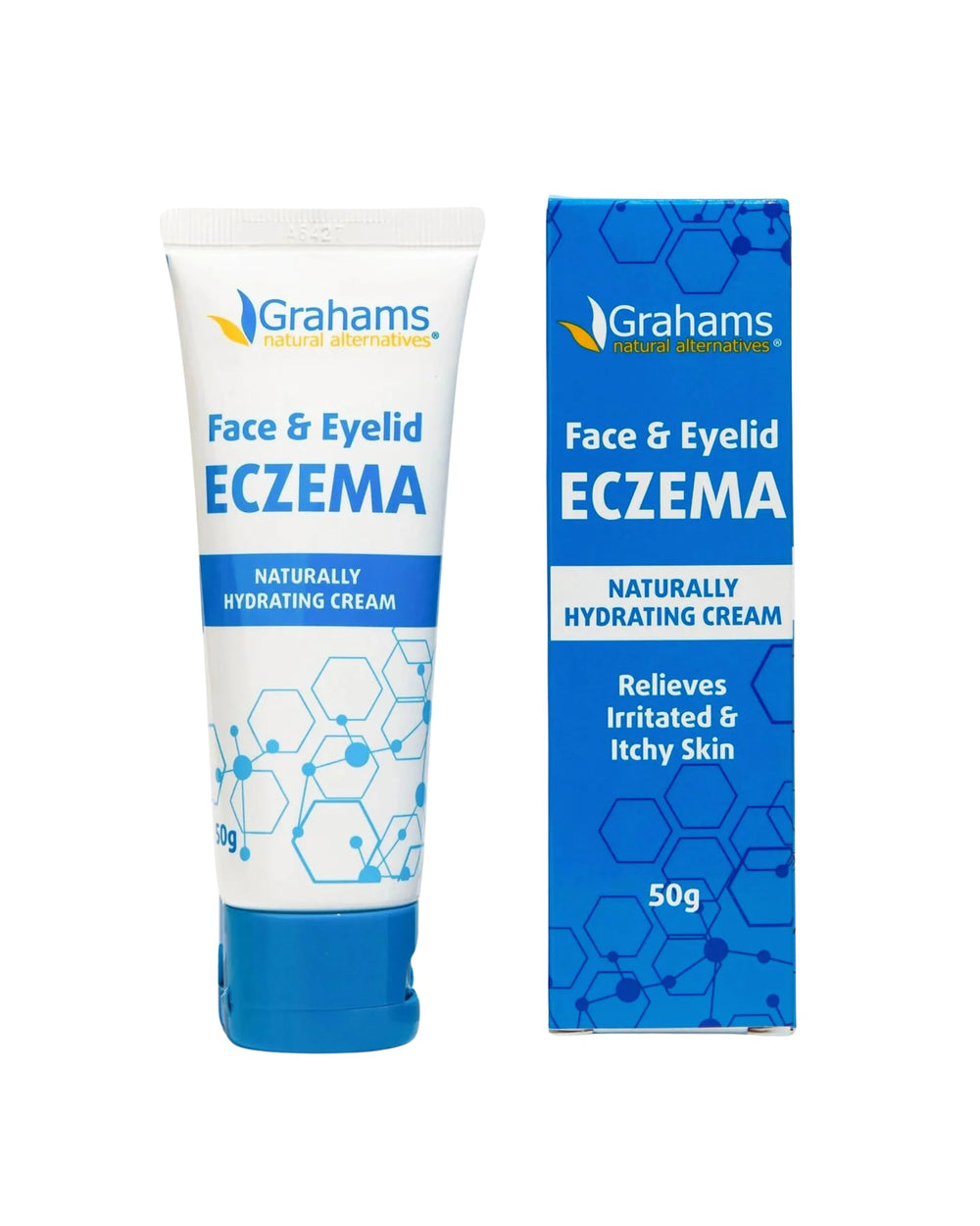 Grahams Natural Face & Eyelid Eczema Cream tube close-up highlighting sensitive-skin relief