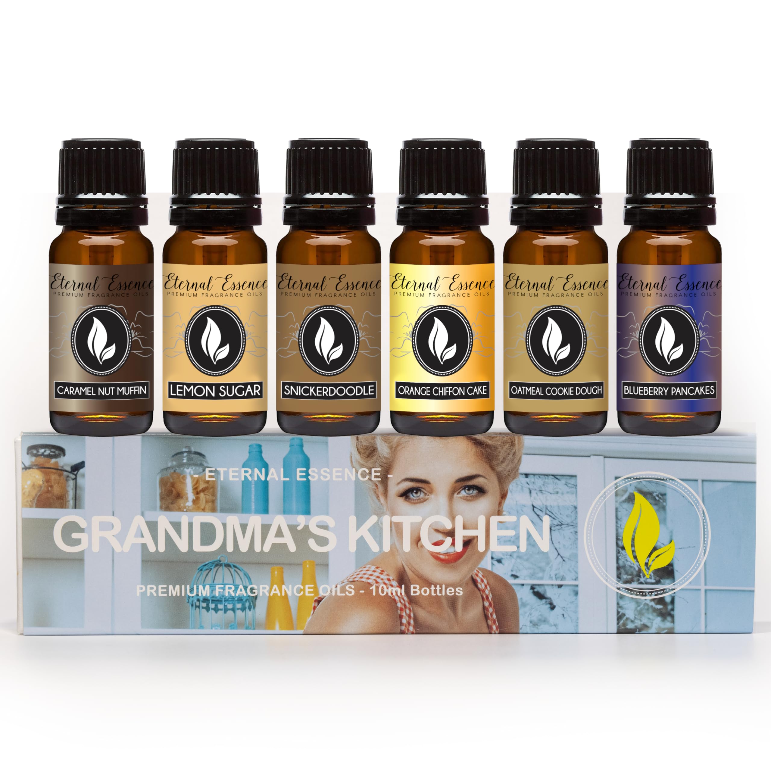 Grandma's Kitchen fragrance oil set bottle display – Caramel Nut Muffin