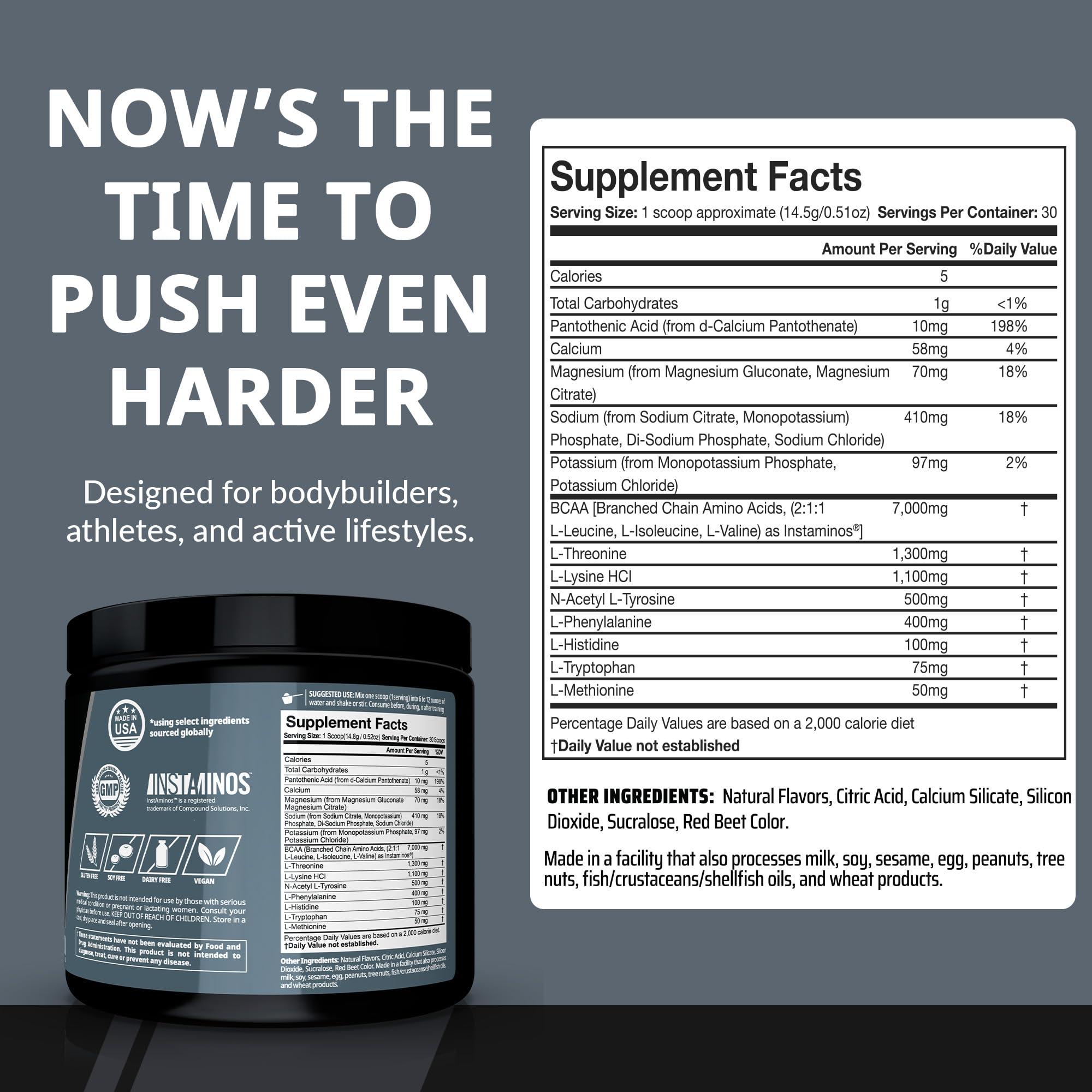 Nutrition facts panel on Granite EAAs powder