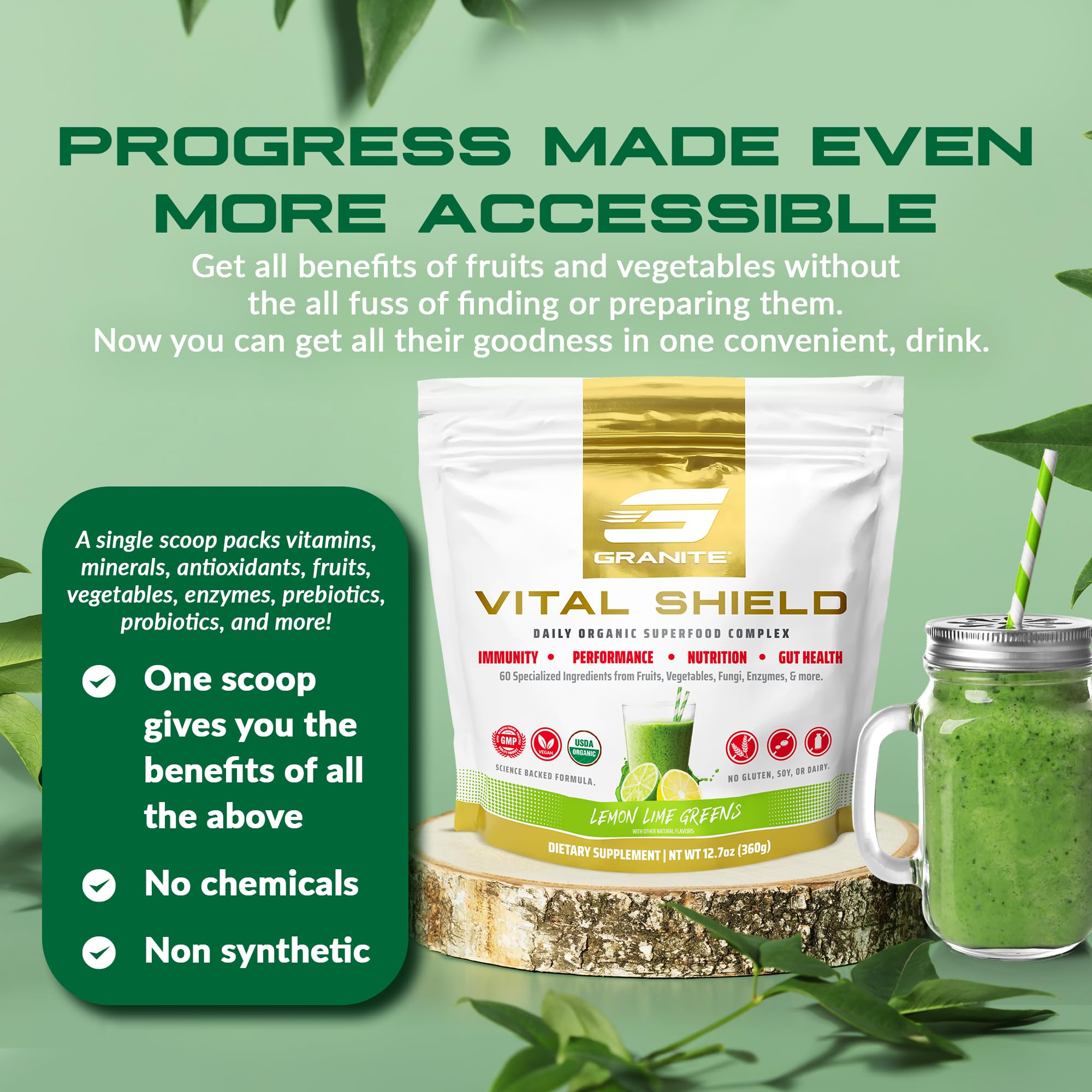 Greens blend featuring spinach, spirulina, turmeric, and MCT oil