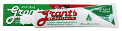 Close up of Grants toothpaste tube highlighting mild mint and aloe vera