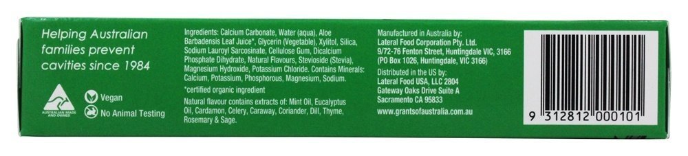 Packaging label of Grants Australia natural toothpaste