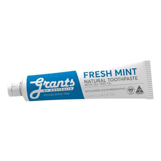 Close-up of the Grants of Australia Fresh Mint toothpaste tube