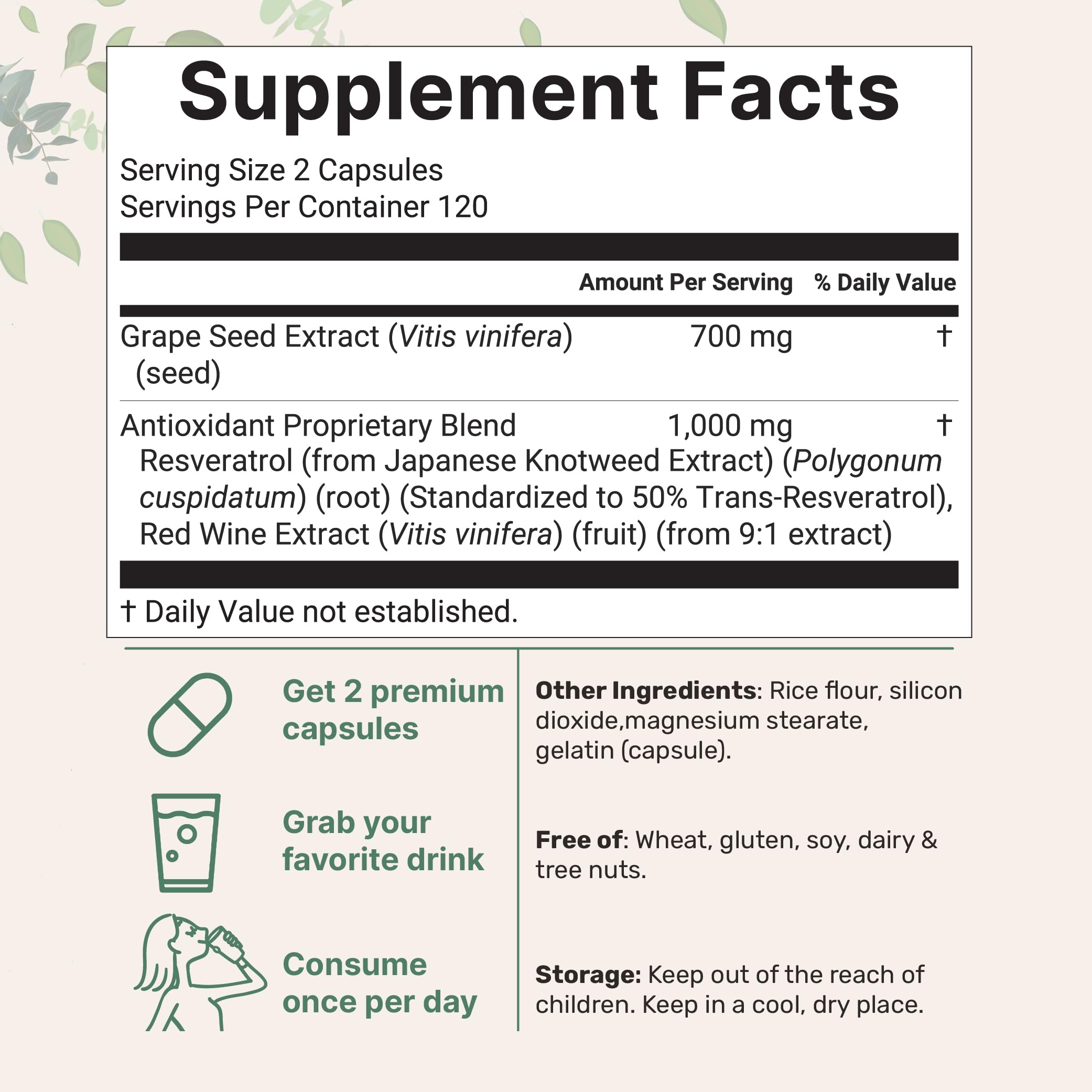 Close-up of grape seed extract capsules serving