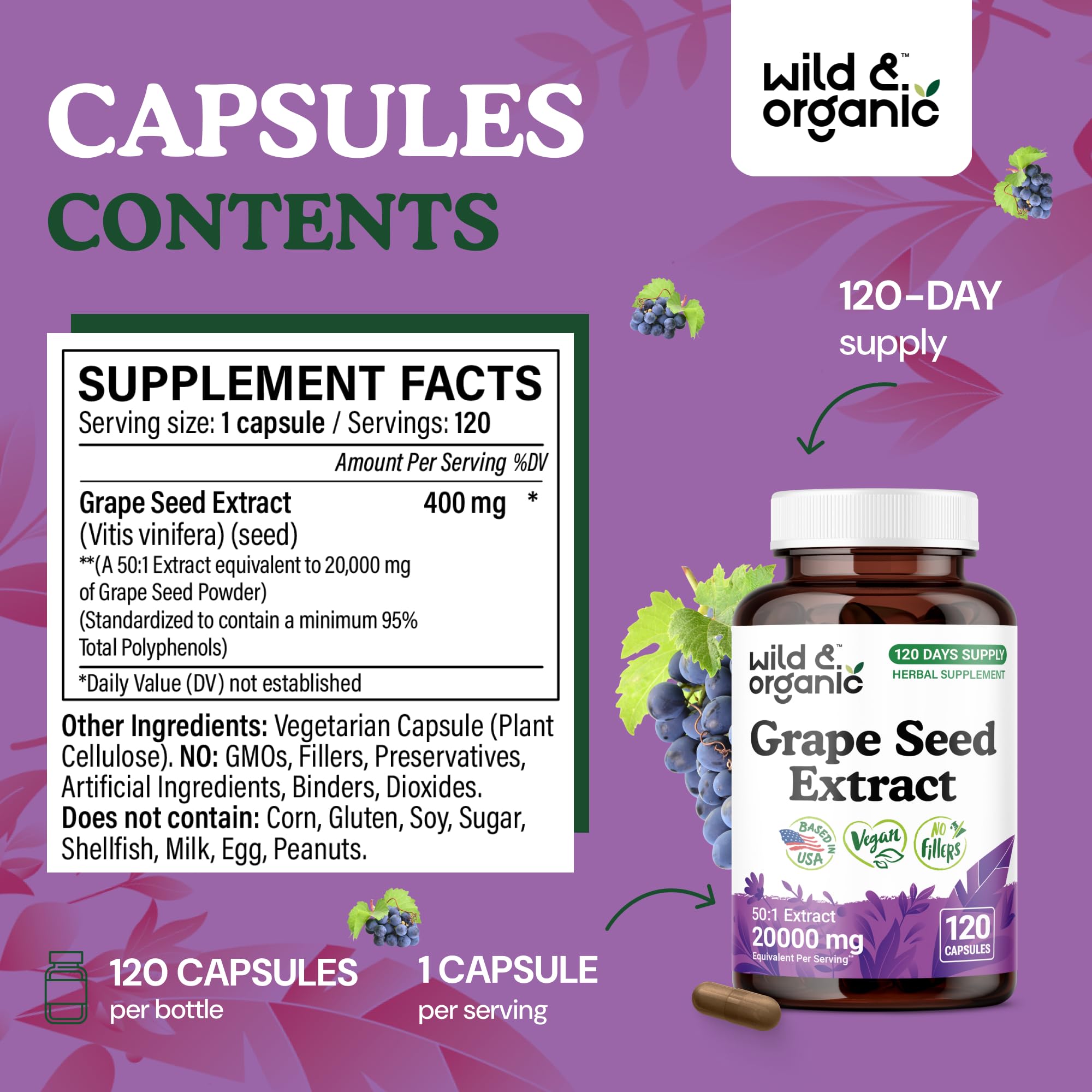 Grape seed extract capsules label highlighting vegan formula