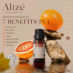 Close-up of grapefruit essential oil bottle showing UV-protected glass