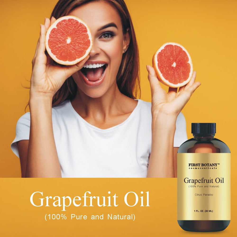 Close-up of grapefruit essential oil bottle
