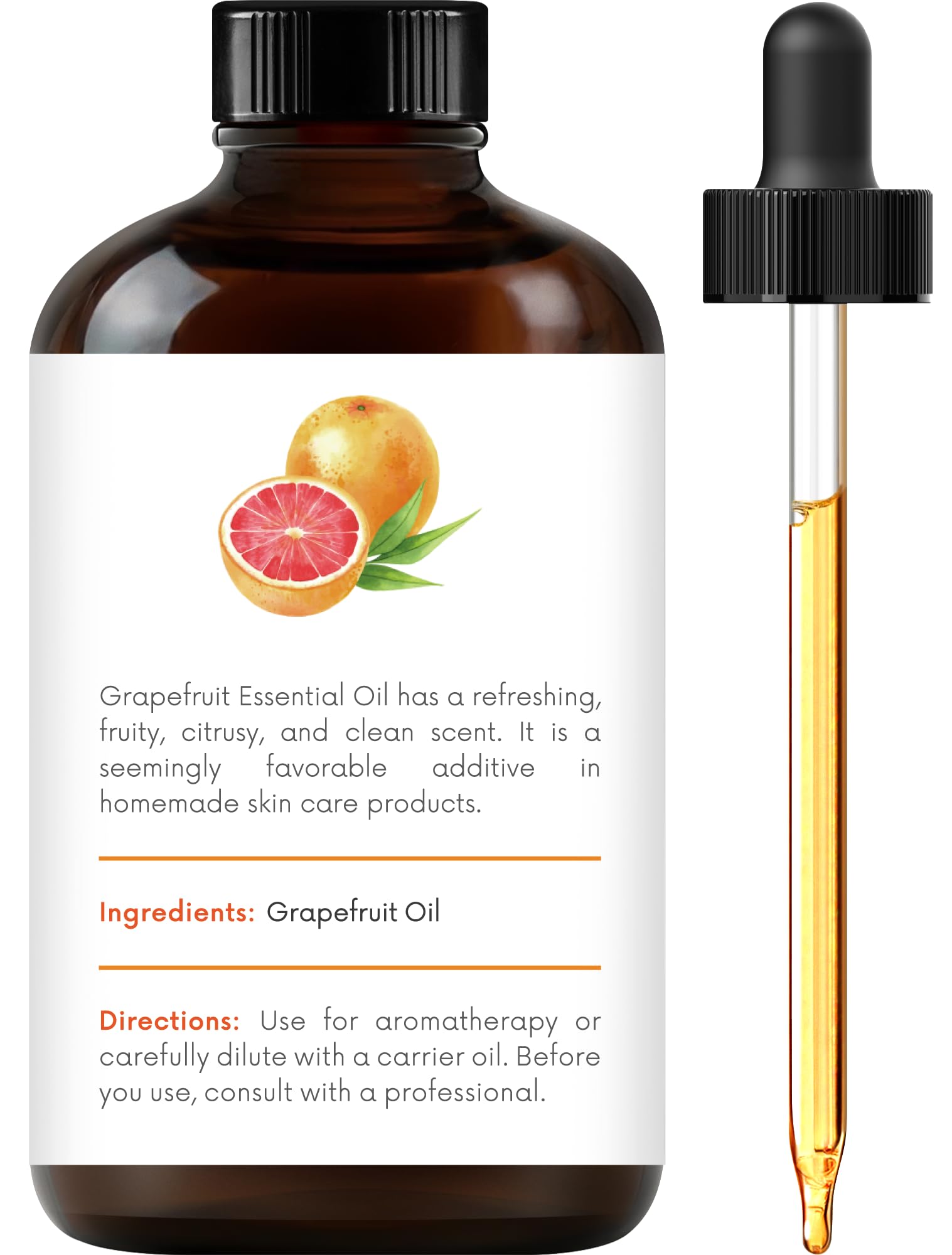 Close-up of grapefruit essential oil bottle with dropper