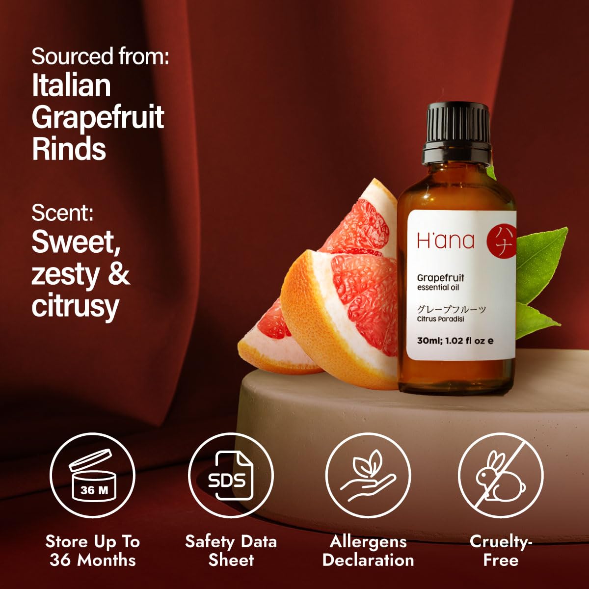 Cruelty-free label for H'ana Grapefruit Essential Oil