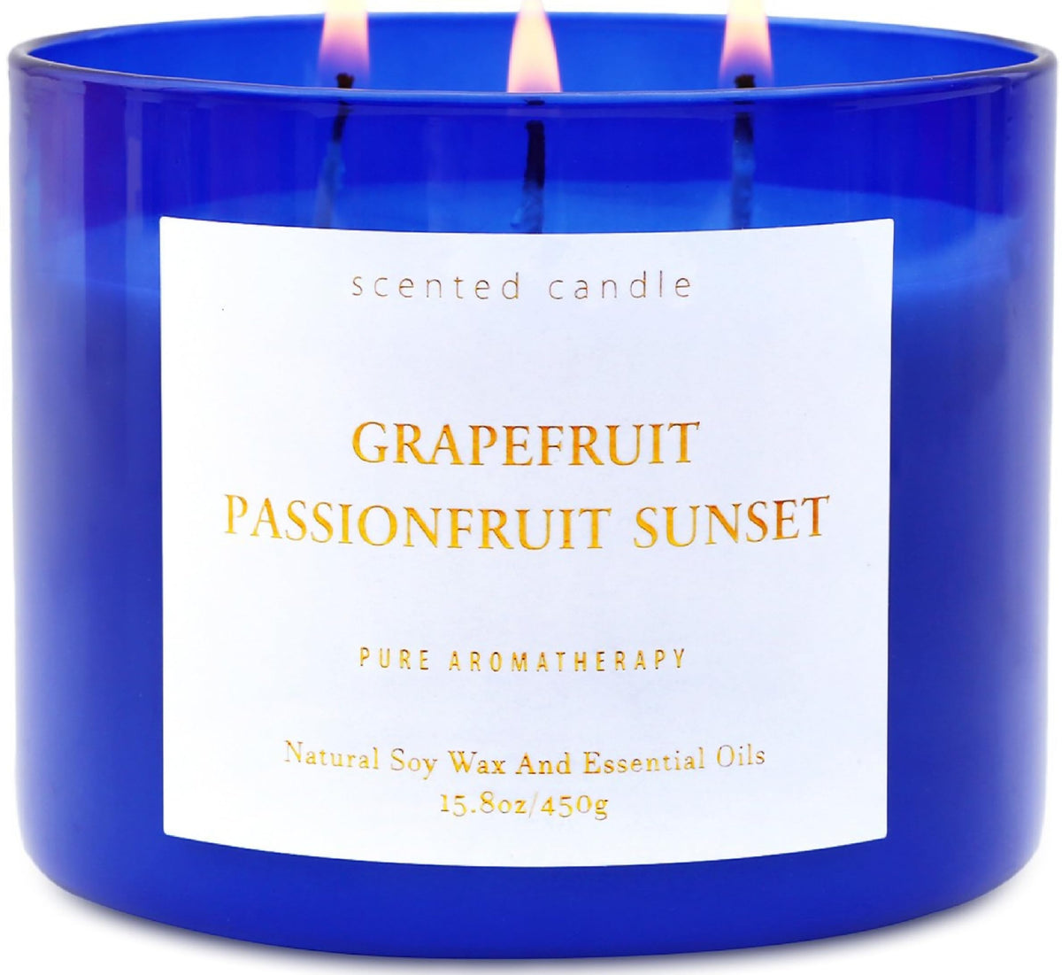 Grapefruit Passionfruit Sunset candle in blue glass jar (3-wick)