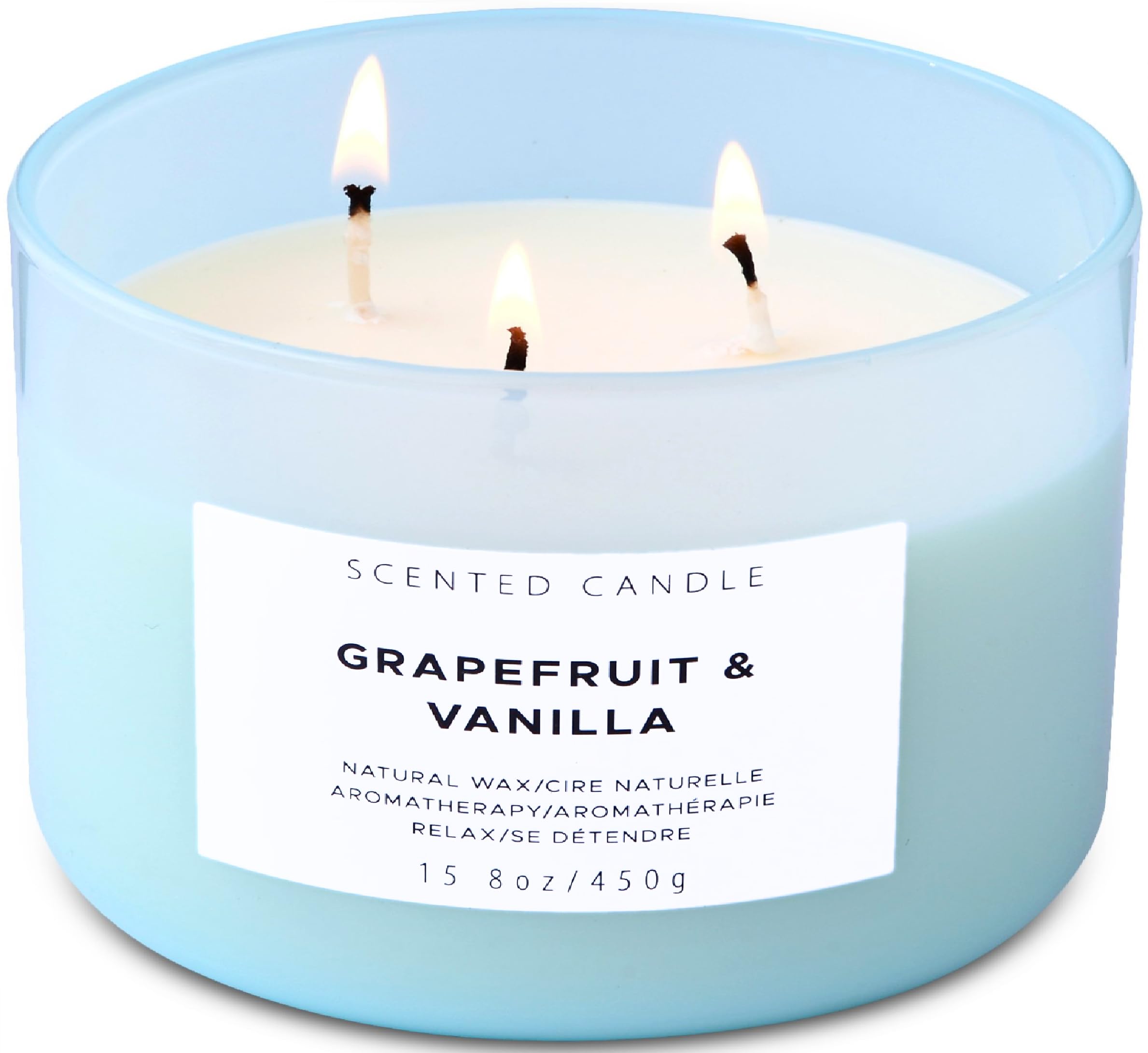 Grapefruit Vanilla 3-Wick Soy Candle in light blue glass jar