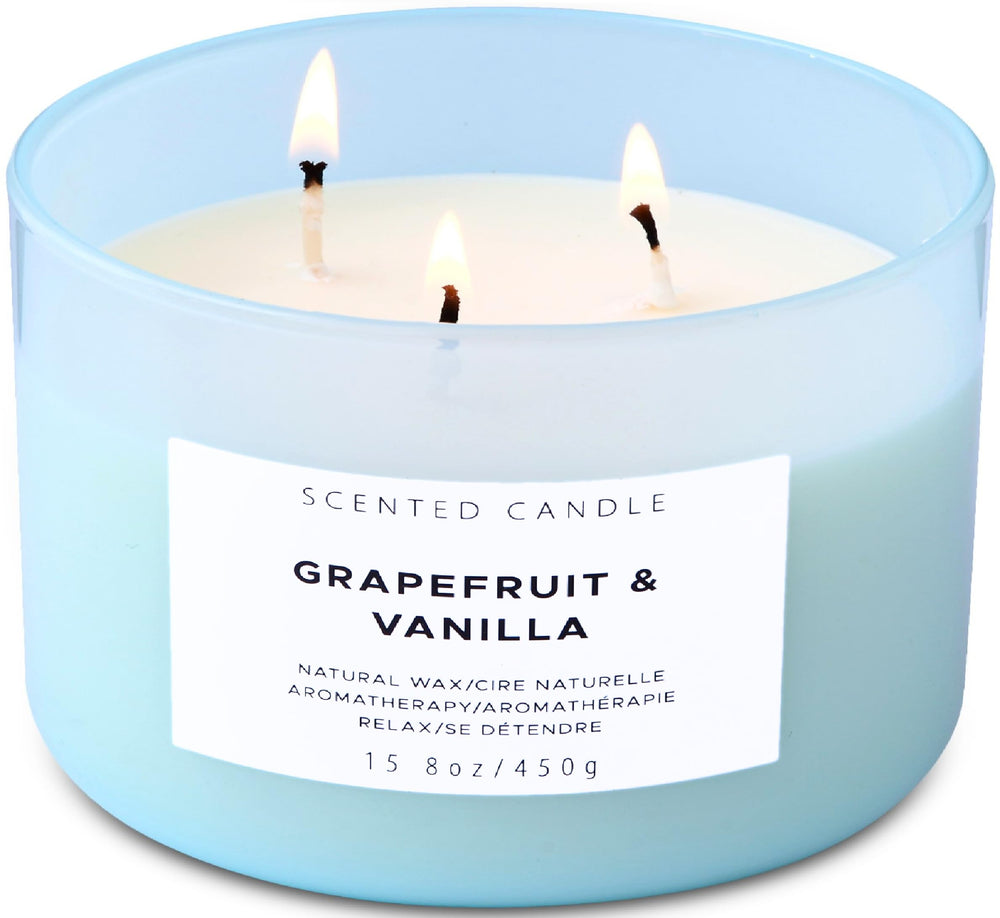 Grapefruit Vanilla 3-Wick Soy Candle in light blue glass jar