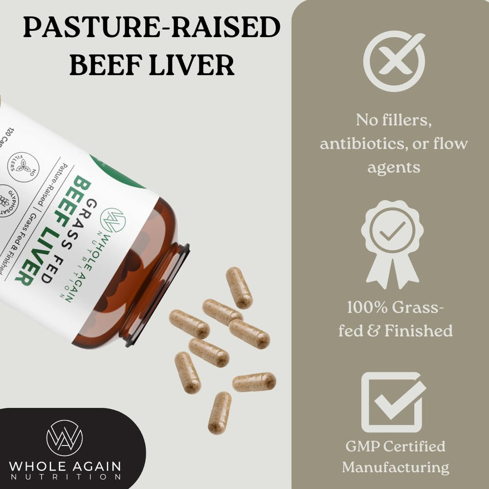 Desiccated liver capsules spilling from bottle