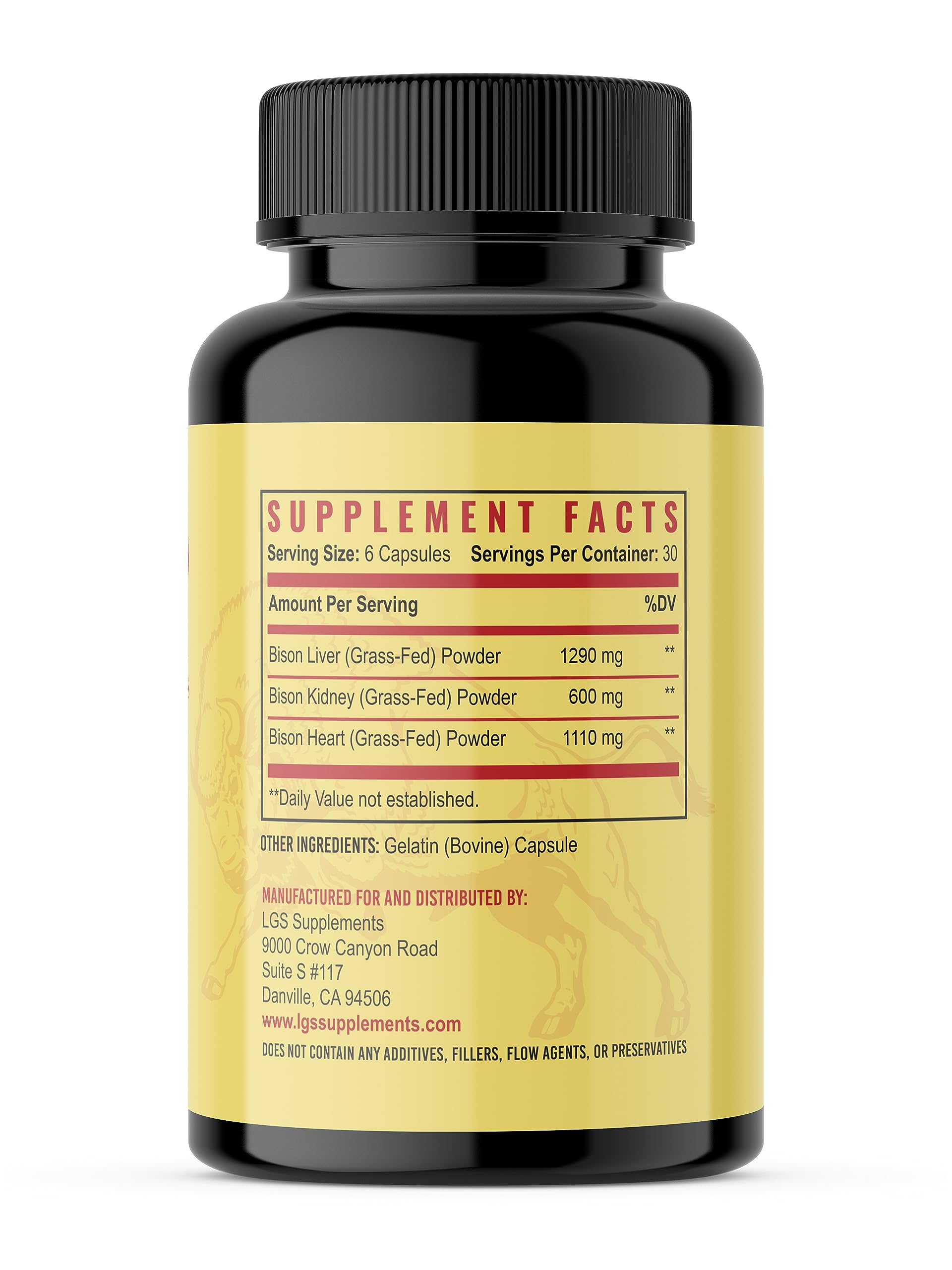 Supplement facts label for LGS Grass Fed Bison Organ Supplement