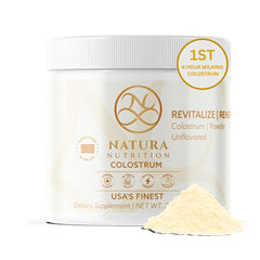 Grass-fed bovine colostrum powder in a canister