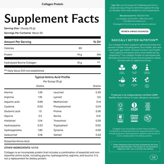 Label showing grass-fed, pasture-raised, hormone-free collagen