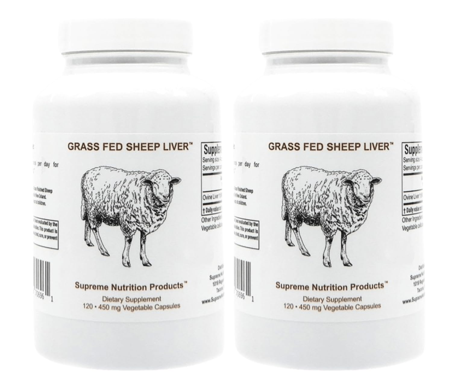 Front view of grass-fed sheep liver capsules bottle