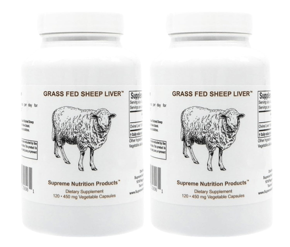 Front view of grass-fed sheep liver capsules bottle