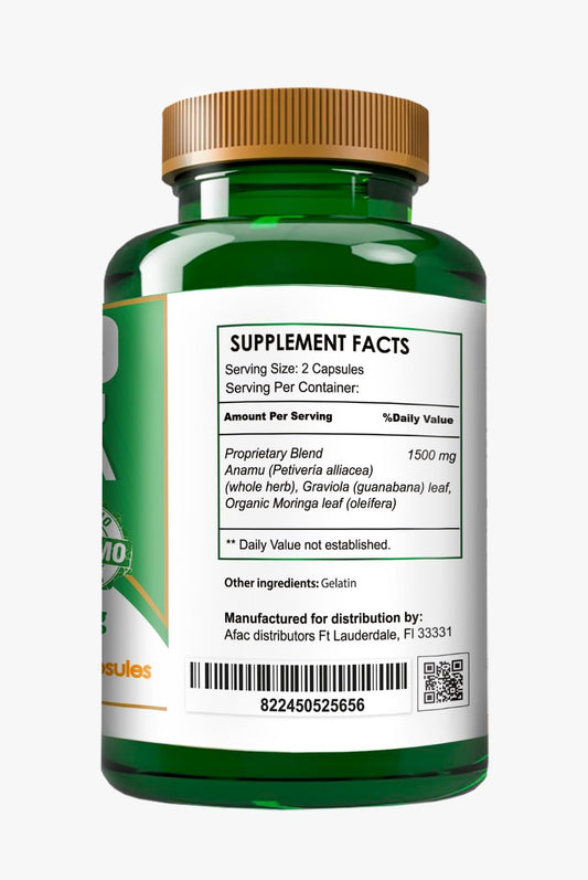 Graviola leaf and stem extract blended with Organic Moringa leaf and Anamu herb