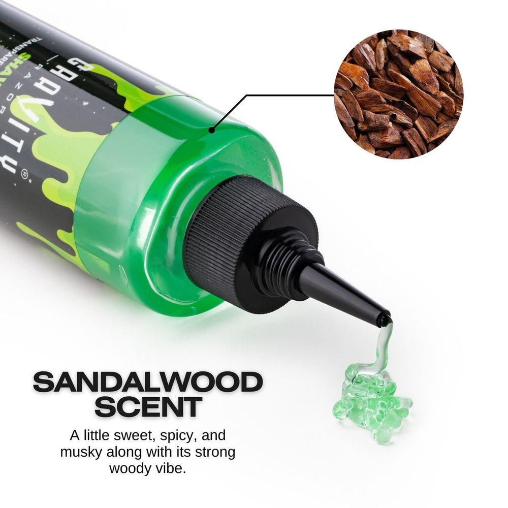 GRAVITY RAZORS bottle label highlights barber-grade formula and sandalwood scent.