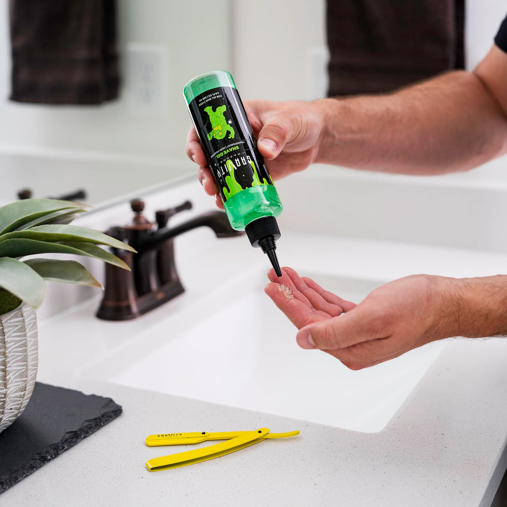GRAVITY RAZORS sandalwood scent enhances a refined grooming ritual while shaving.