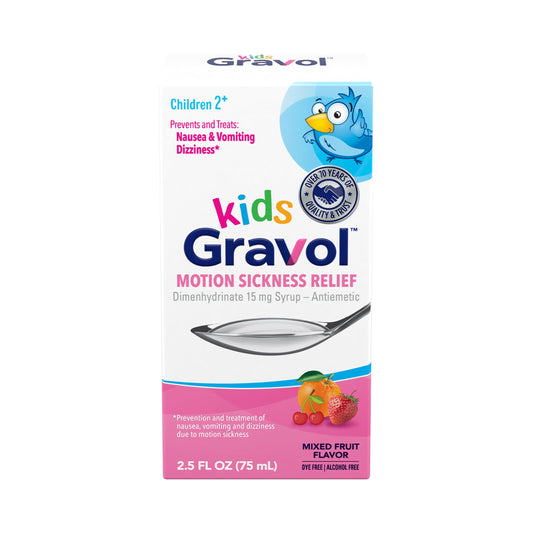 Gravol Kids Liquid bottle front shows branding and gentle motion-sickness relief on the label.