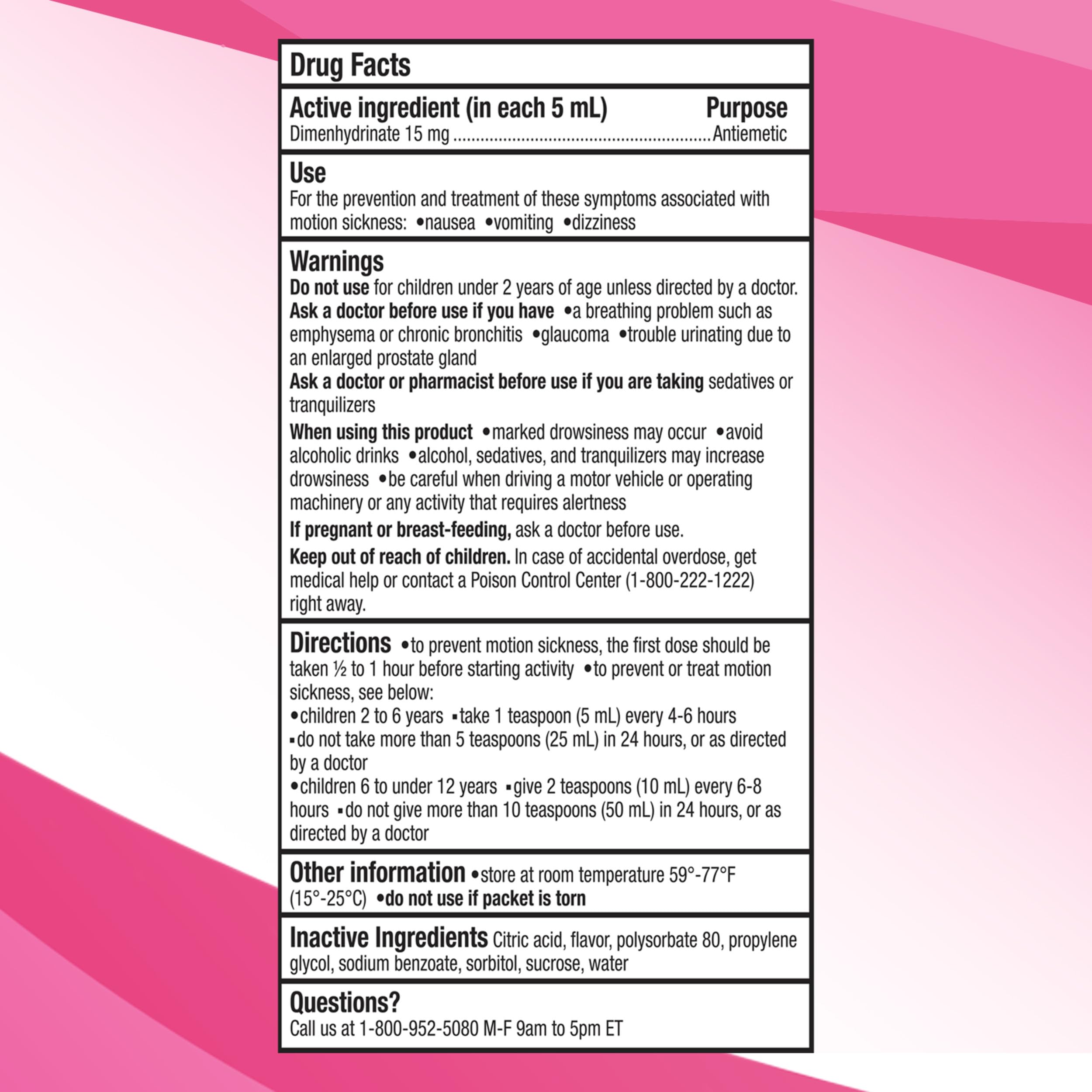 Gravol Kids Liquid contains 15 mg per 5 mL dimenhydrinate for relief.