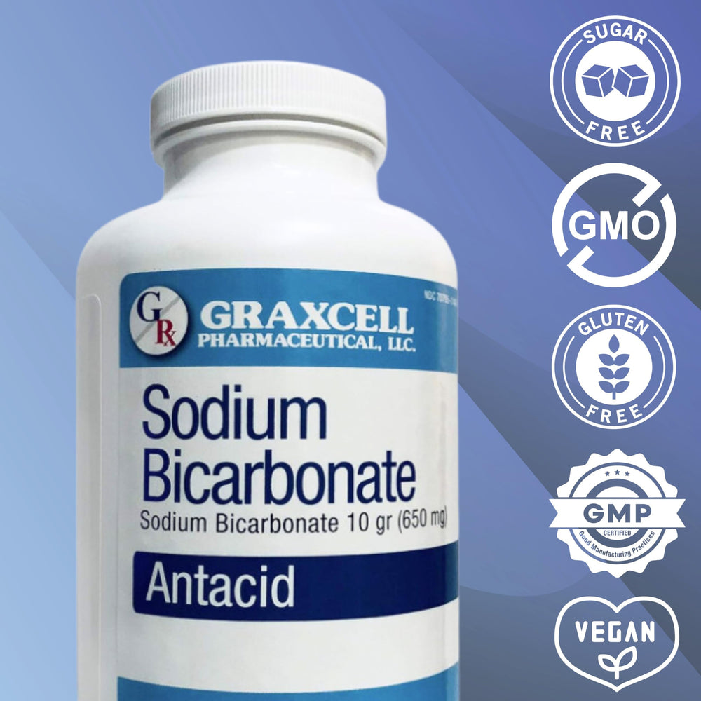 Graxcell Sodium Bicarbonate Tablets packaging closeup shows pharmaceutical-grade quality and safety