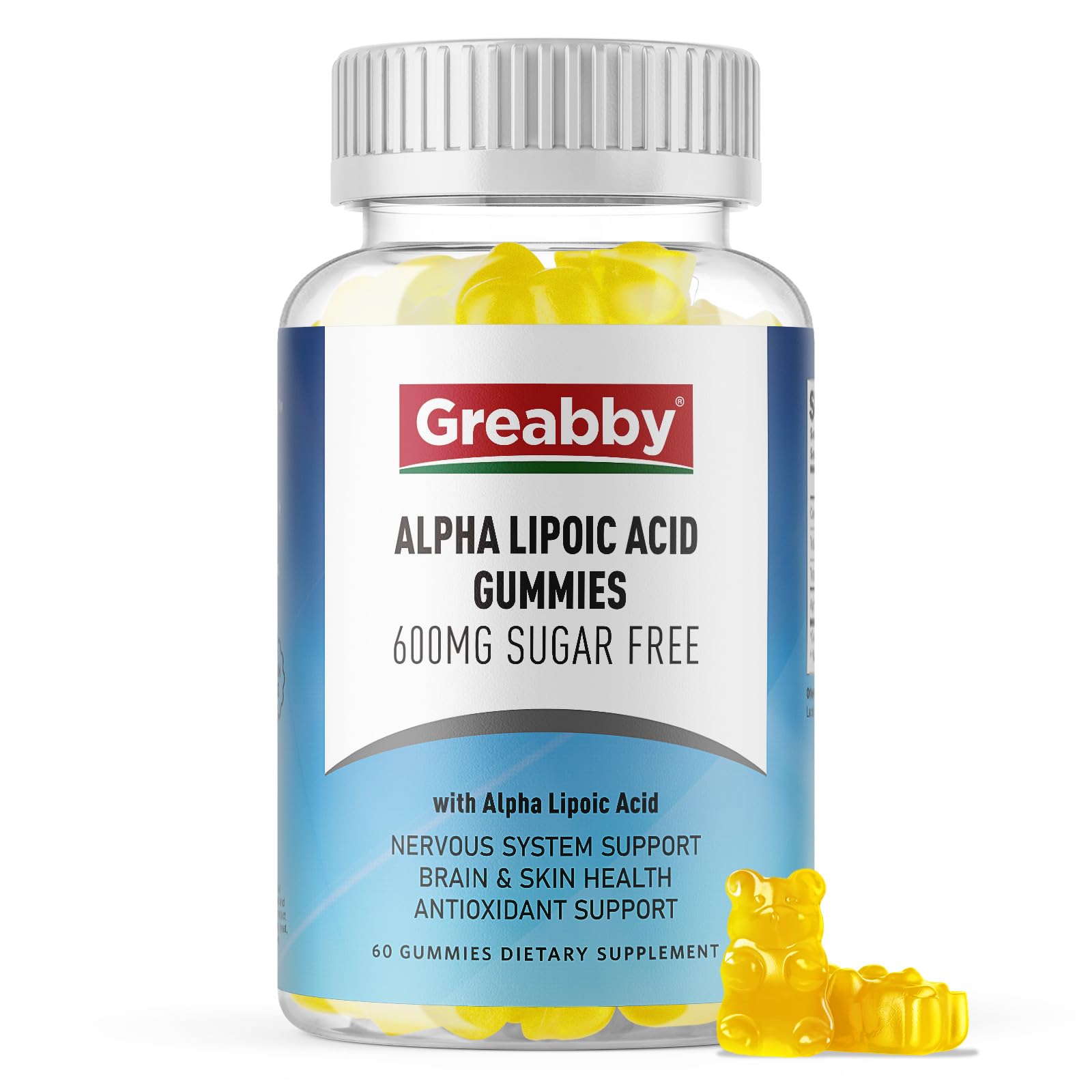 Bottle of GREABBY Alpha Lipoic Acid 600mg Gummies with pineapple flavor