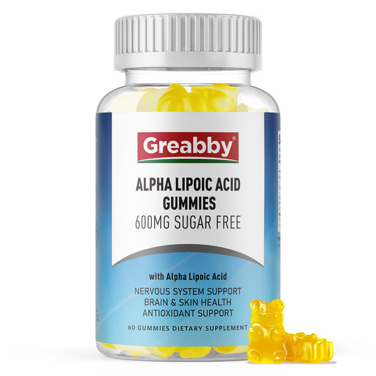 Bottle of GREABBY Alpha Lipoic Acid 600mg Gummies with pineapple flavor