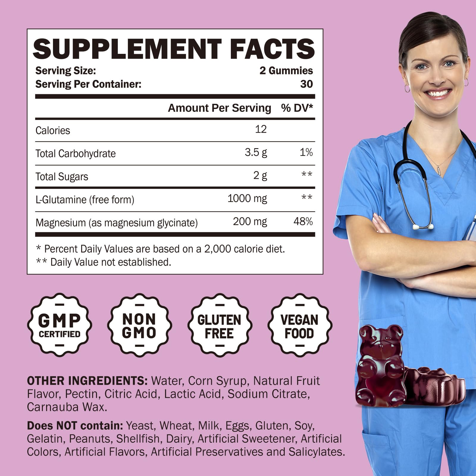 L-Glutamine gummies ingredients with magnesium glycinate label