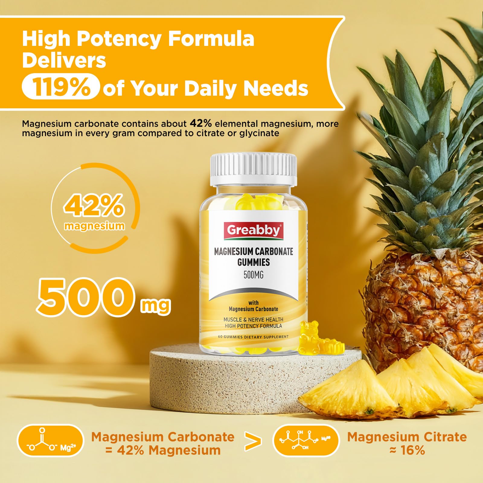 Pineapple-flavored GREABBY Magnesium Carbonate Gummies