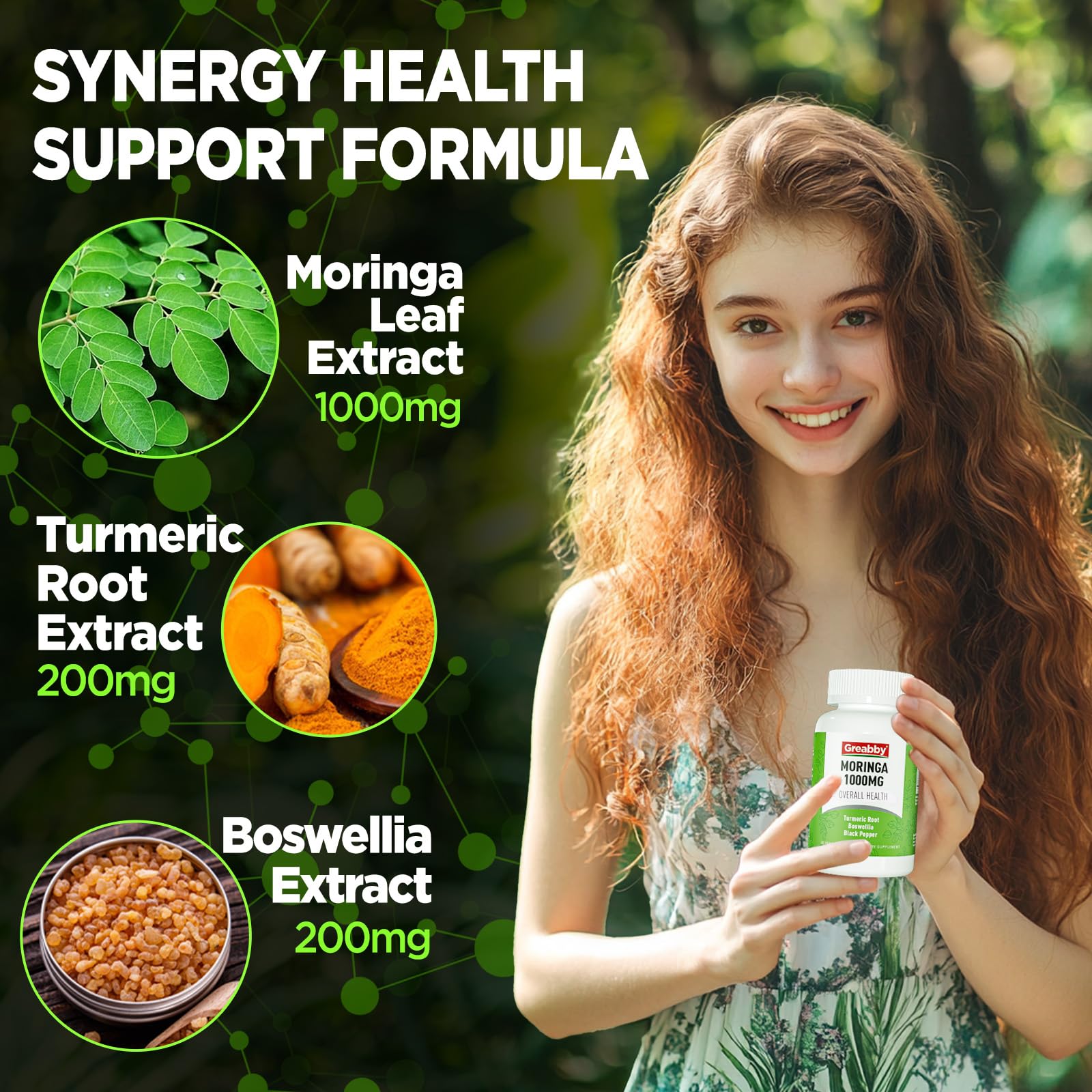 Moringa capsules showing 200mg Turmeric and 200mg Boswellia content