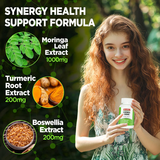 Moringa capsules showing 200mg Turmeric and 200mg Boswellia content