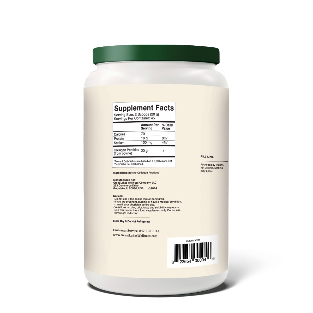 Nutrition facts label on collagen powder jar