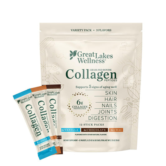 Front view of Great Lakes Wellness Collagen Peptides Powder 12 sticks