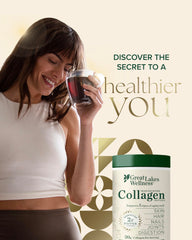 Great Lakes Wellness collagen powder on a measuring scoop near the jar.