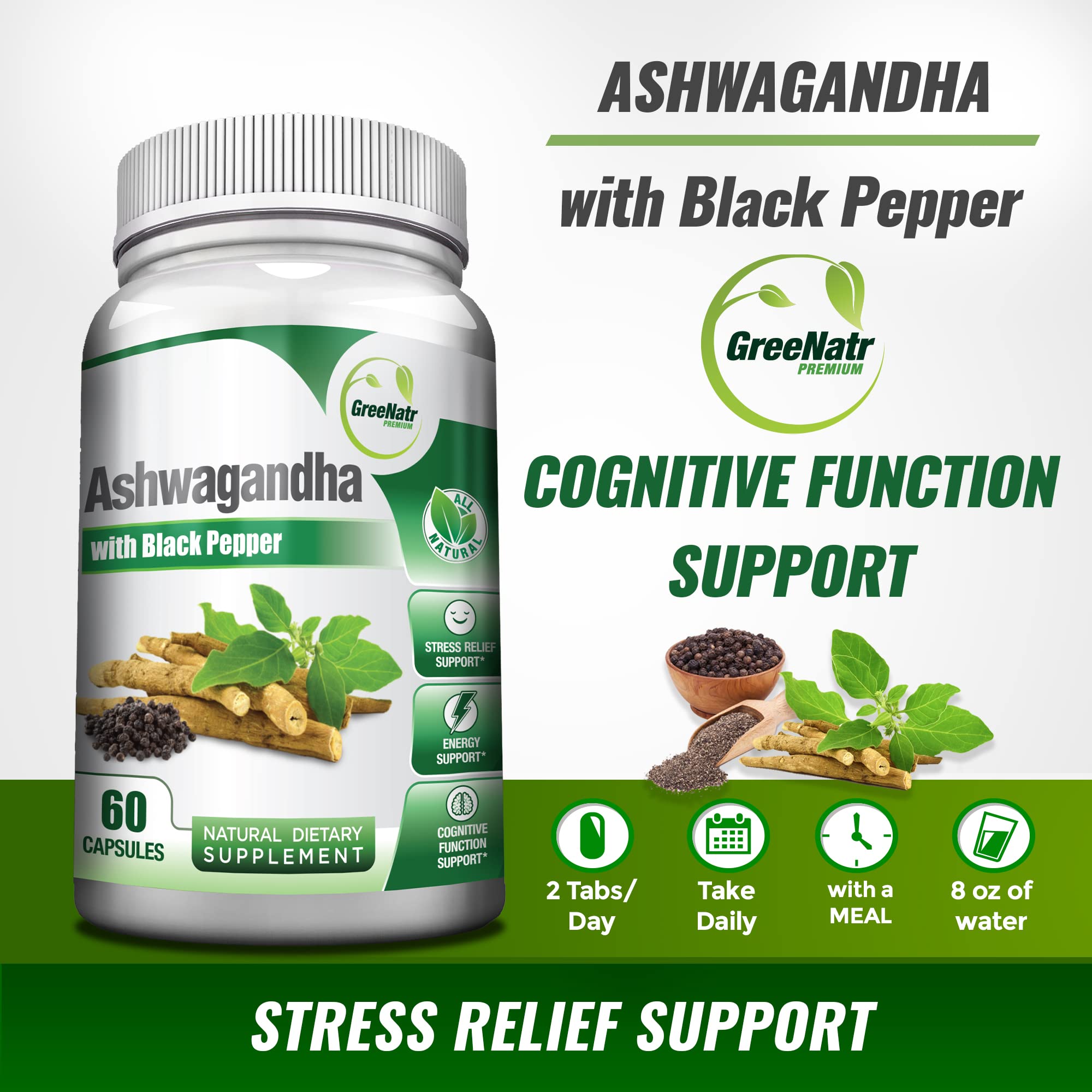 Close-up of GreeNatr Ashwagandha bottle label