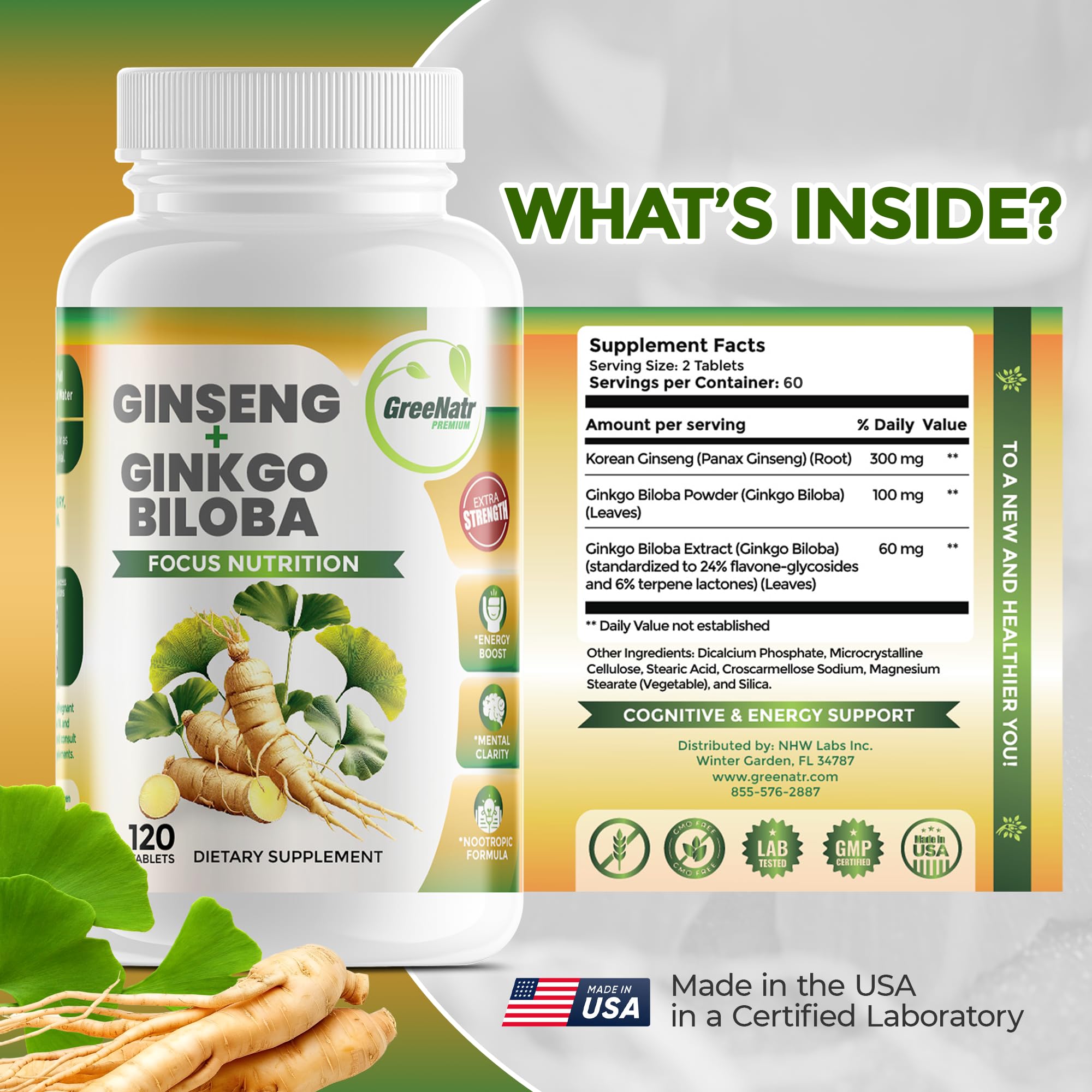 Nutrition facts panel on GreeNatr supplement bottle
