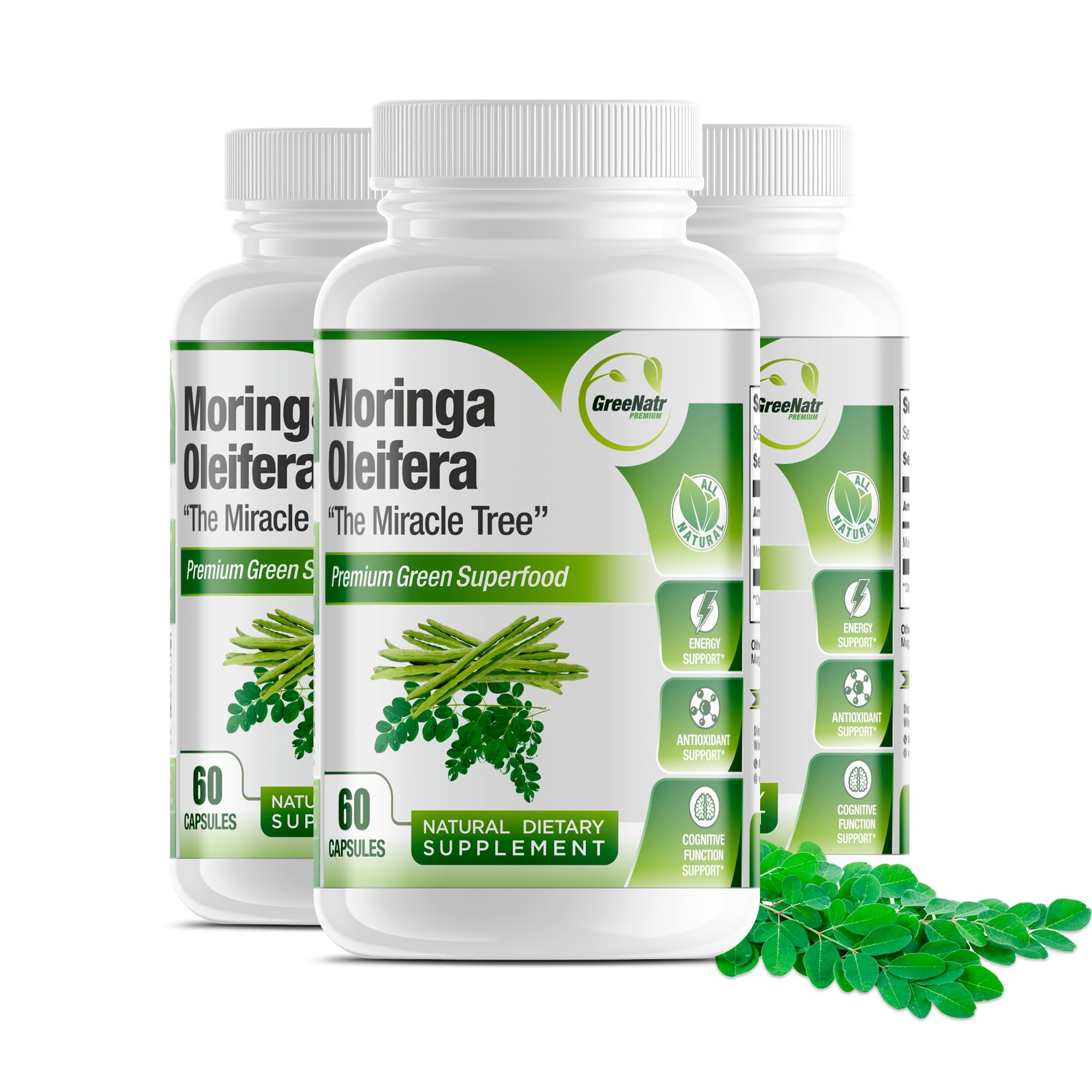 Front view of GreeNatr Moringa capsules bottle