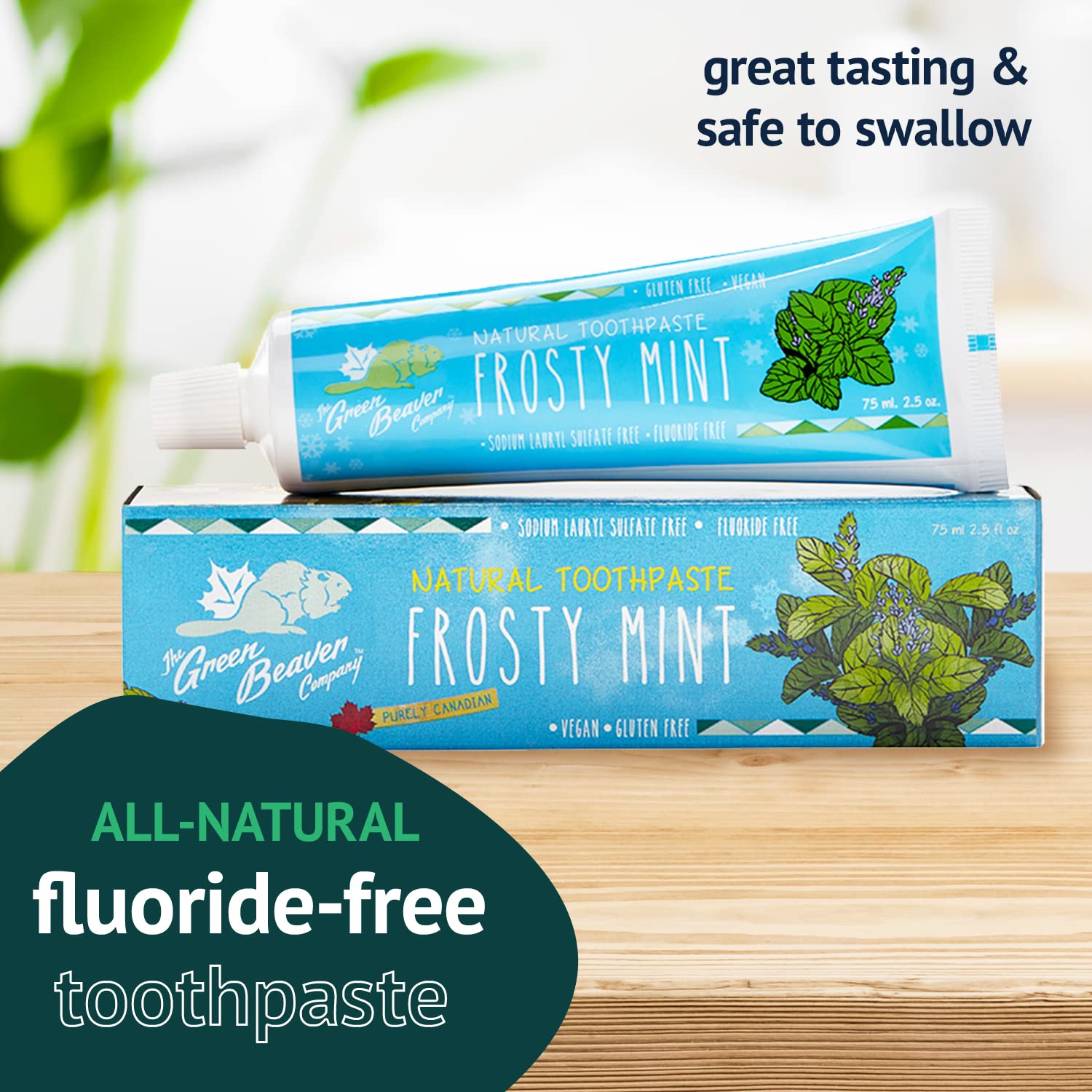 Front view of Green Beaver Frosty Mint toothpaste 3 pack packaging