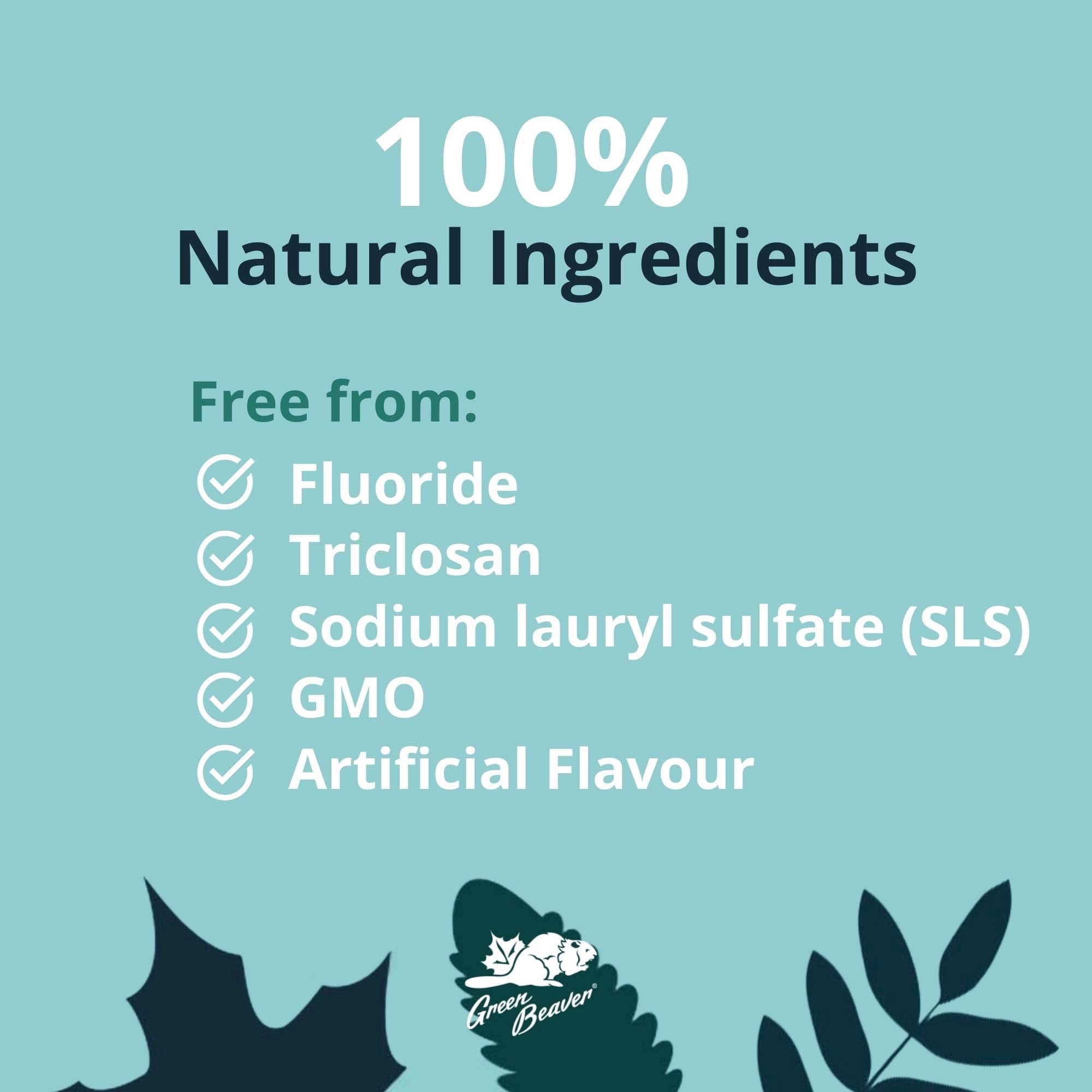 Label showing fluoride-free, SLS-free, GMO-free ingredients